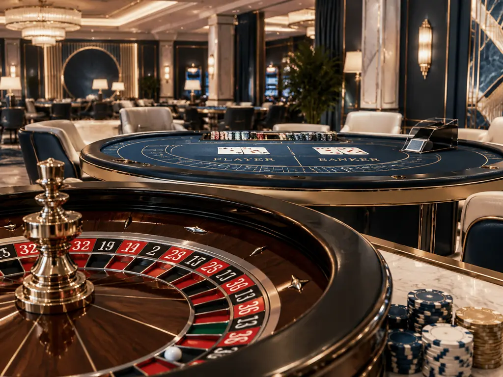 Ilustrasi interior kasino dengan meja roulette dan meja kartu