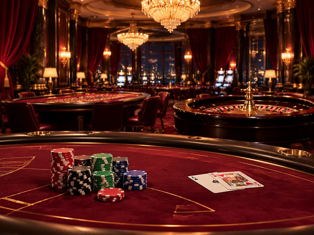 Ilustrasi aula kasino dengan meja blackjack, chip, dan roulette