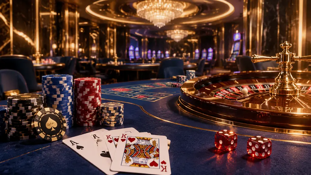 Ilustrasi interior kasino dengan meja baccarat dan roulette