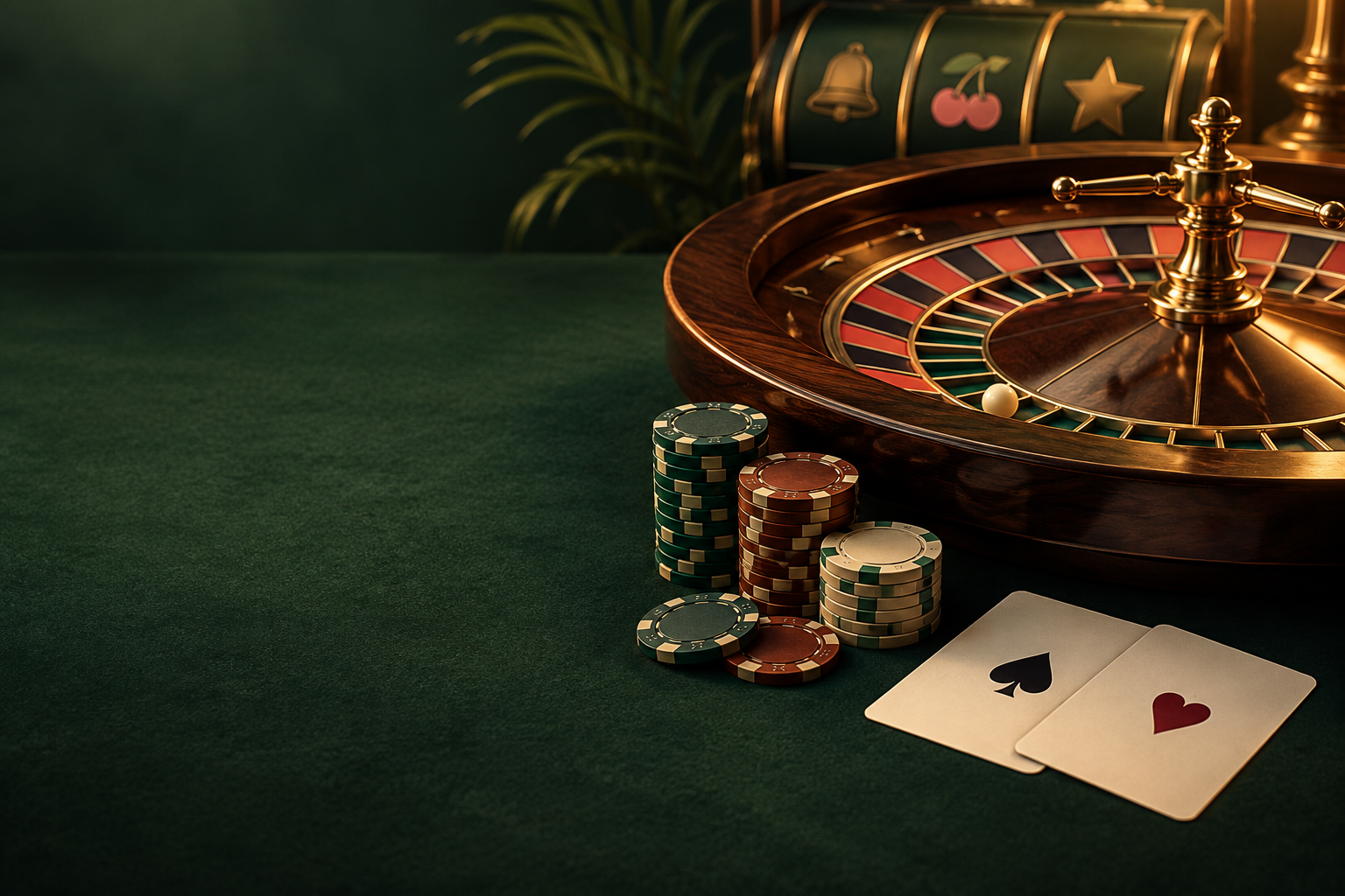 Ilustrasi roda roulette bersama kartu dan chip kasino