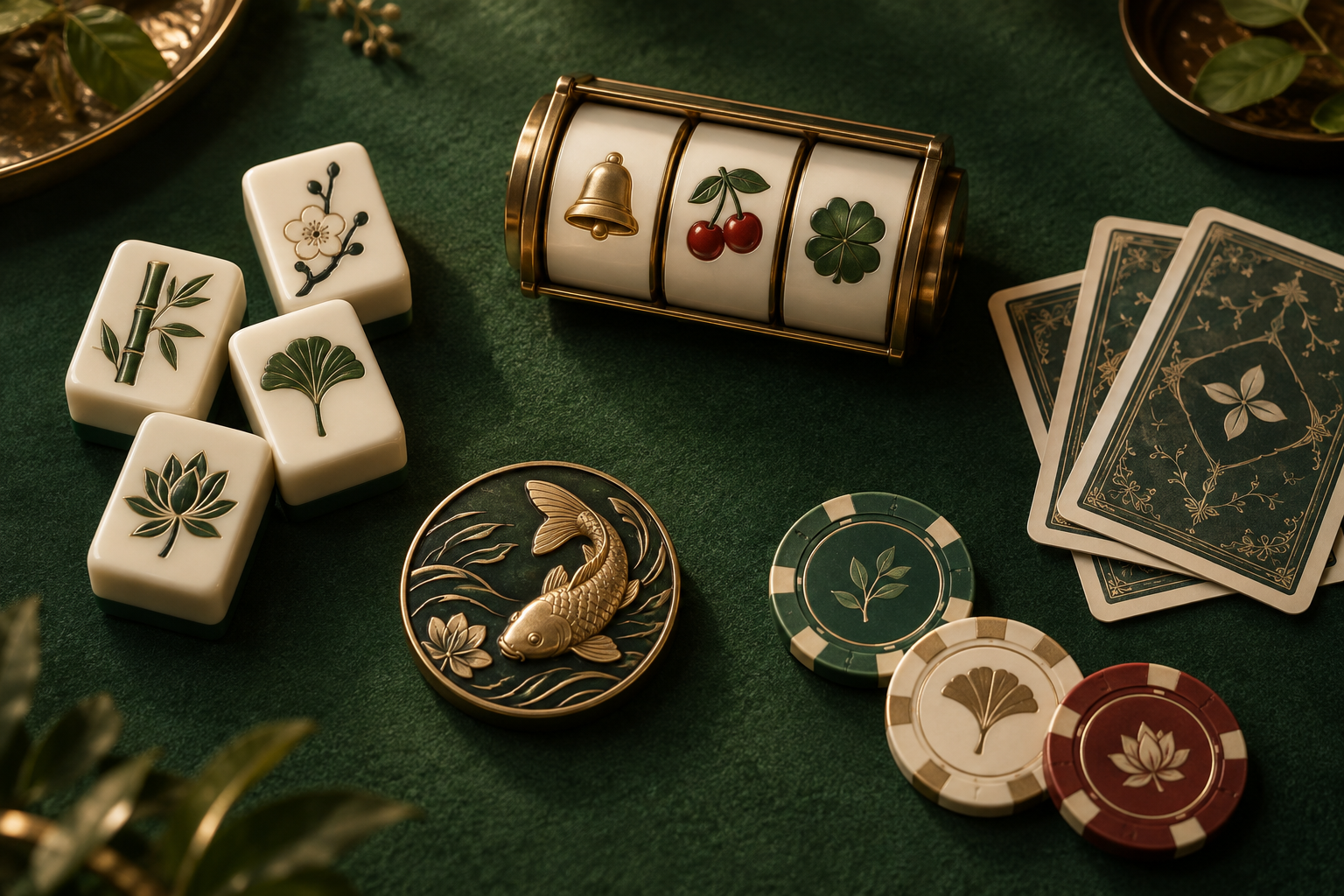 Ilustrasi katalog kasino dengan gulungan slot, ubin mahjong, kartu, dan chip